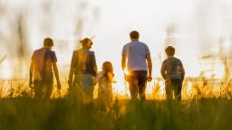 Rear view of family with three children walking on grass field during sunset.