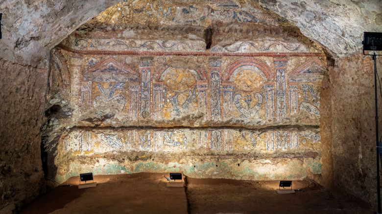 The 2000-year-old shell grotto was used as an outdoor dining room and features a sizeable wall mosaic featuring brightly colored shells, coral and glass.